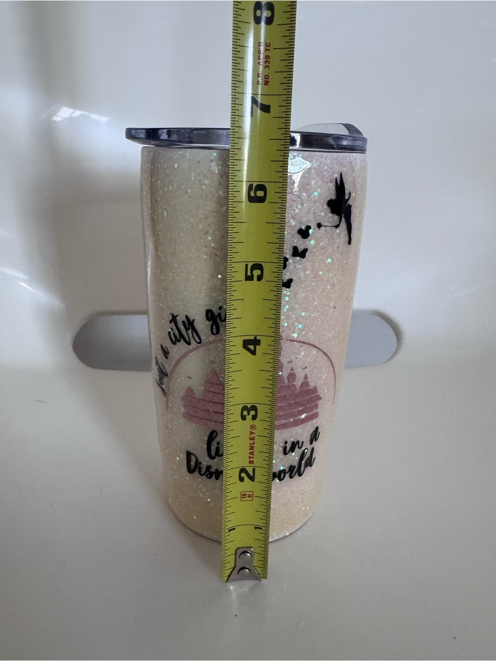 Disney Inspired Cream Glitter Tumbler 20 oz Pink Castle Tinkerbell Travel Cup - Picture 7 of 10